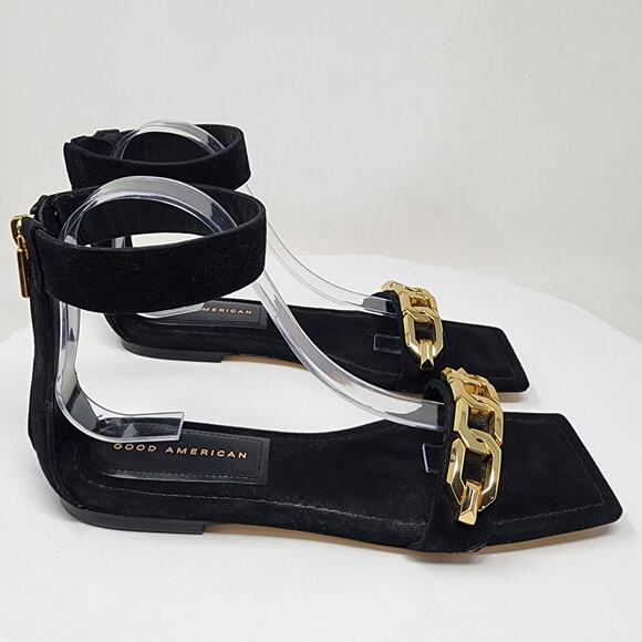 Good American Ankle Wrap Sandals Women 9 Black Suede w/ Gold Chain Detail EUC - Picture 3 of 11